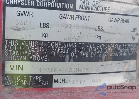 1989 Plymouth Sundance from USA, damaged, VIN 1P3BP44K2KN688757